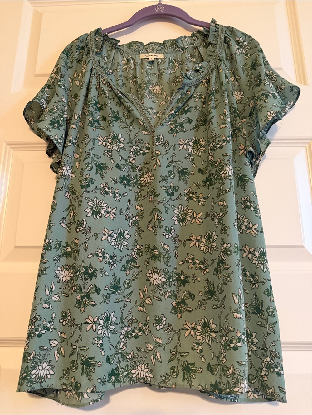 Max Studio Sage Green Floral V-Neck Blouse